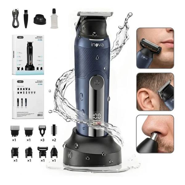 Barbeador Elétrico Inova Multigroom 5 em 1 para Barba e Corpo com 8 Pentes e Bateria Recarregável — foto do produto em fundo branco