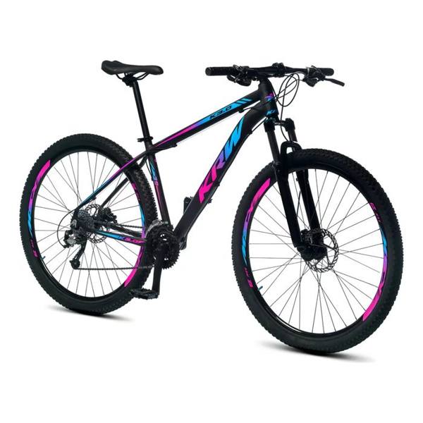 Bicicleta Bike aro 29 Mountain Bike Câmbio 21 velocidades Freio a Disco Amortecedor Suspensão dianteira Preto Rosa e Azul Tamanho quadro 17 — foto do produto em fundo branco