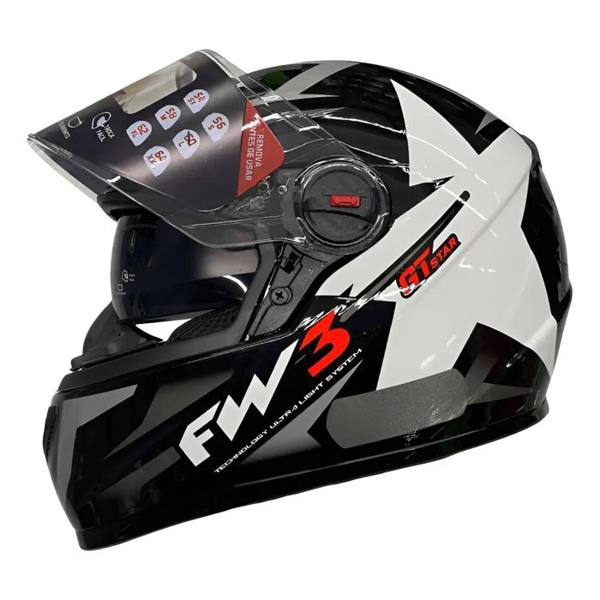 Capacete Integral FW3 GTX Preto e Branco Estrela para Adultos — foto do produto em fundo branco