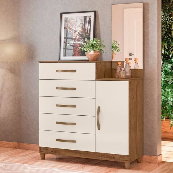 Cômoda 1 Porta Bater 5 Gavetas com Pés e Espelho Lisboa Moval — foto do produto em fundo branco