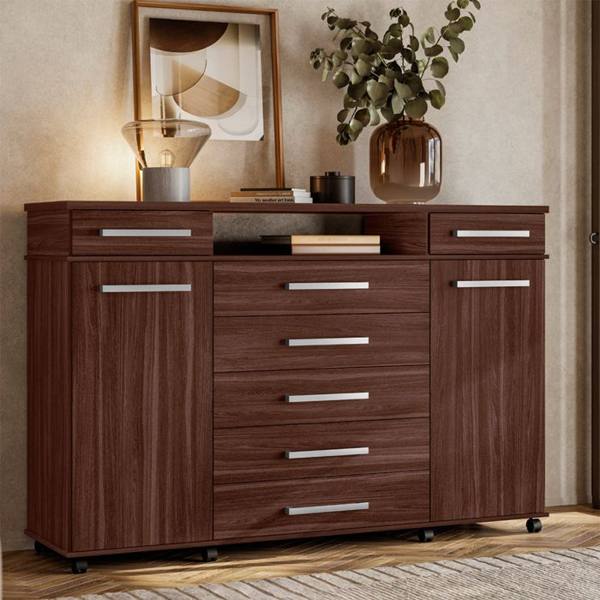 Cômoda 2 Portas Bater 7 Gavetas em MDP com Rodízios London Demóbile — foto do produto em fundo branco
