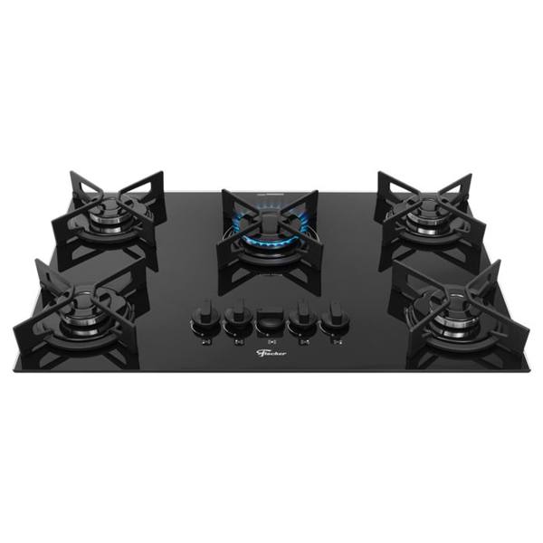 Cooktop a Gás Fischer Fit Line Iron 5 Bocas Superautomático Mesa de Vidro — foto do produto em fundo branco