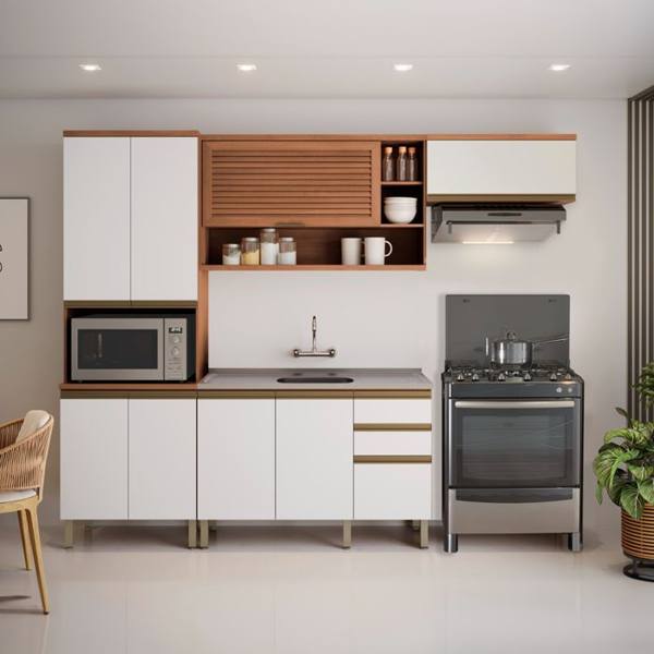 Cozinha Modulada 4 Peças 8 Portas 3 Gavetas Macadamia Telasul — foto do produto em fundo branco