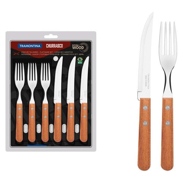 Faqueiro 12 Peças em Madeira Natural e Inox Tramontina Churrasco — foto do produto em fundo branco