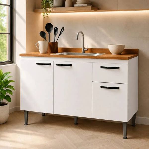 Gabinete de Pia 1,20 Balcão de Cozinha Multiuso 3 Portas Armário de Pia Armário de Cozinha 120x80x52cm — foto do produto em fundo branco