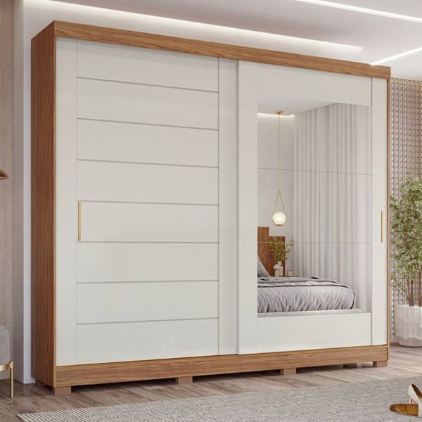 Guarda-Roupa Casal 2 Portas Correr 8 Gavetas MDF Espelho Florença Panan — foto do produto em fundo branco