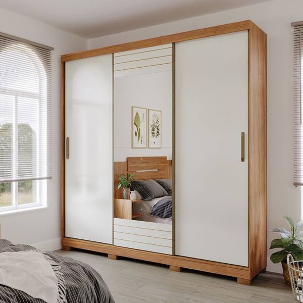 Guarda-Roupa Casal 3 Portas Correr 4 Gavetas Búzios Panan Roupeiro — foto do produto em fundo branco
