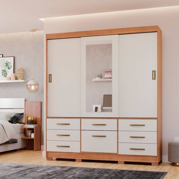 Guarda-Roupa Casal 3 Portas Correr 7 Gavetas Luiza Panan Roupeiro — foto do produto em fundo branco
