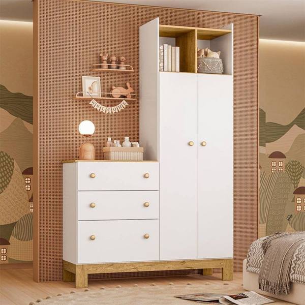 Guarda-Roupa Infantil 2 Portas Bater 3 Gavetas Fantasia Qmovi — foto do produto em fundo branco
