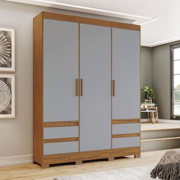Guarda-Roupa Solteiro 3 Portas Bater 4 Gavetas MDP MDF Henn B55 Roupeiro — foto do produto em fundo branco