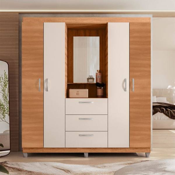 Guarda-Roupa Solteiro 4 Portas Bater 3 Gavetas Capelinha Clapton Caemmun — foto do produto em fundo branco