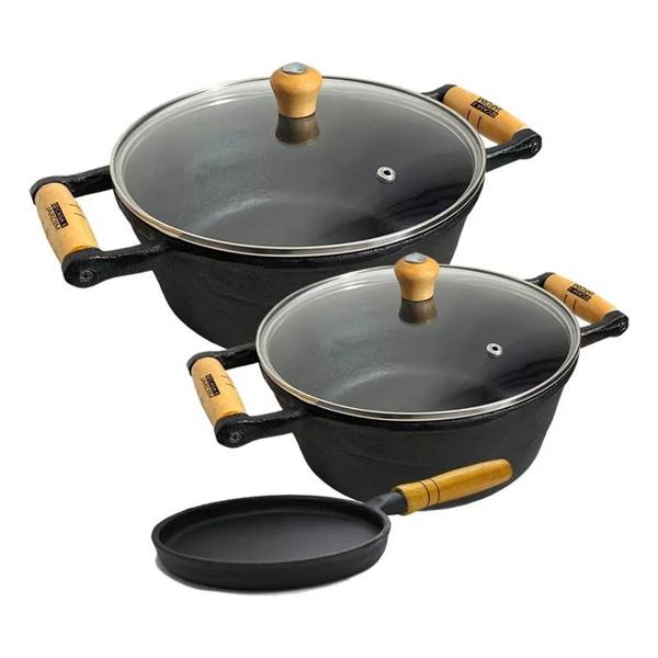 Kit 3 Panelas de Ferro Fundido com Tampa Vidro Casa e Jardim Preto — foto do produto em fundo branco