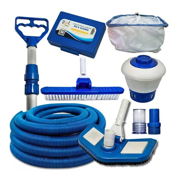 Kit Limpeza Piscina Acessórios Aspirador Clorador Completo — foto do produto em fundo branco