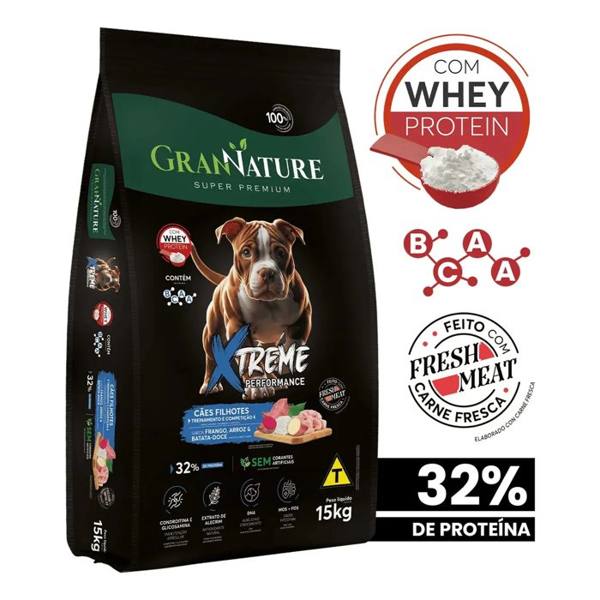 Ração Whey Protein Grannature Xtreme Alta Performance 32% Proteína para Cães Filhote raças Médio E Grande Porte 15kg