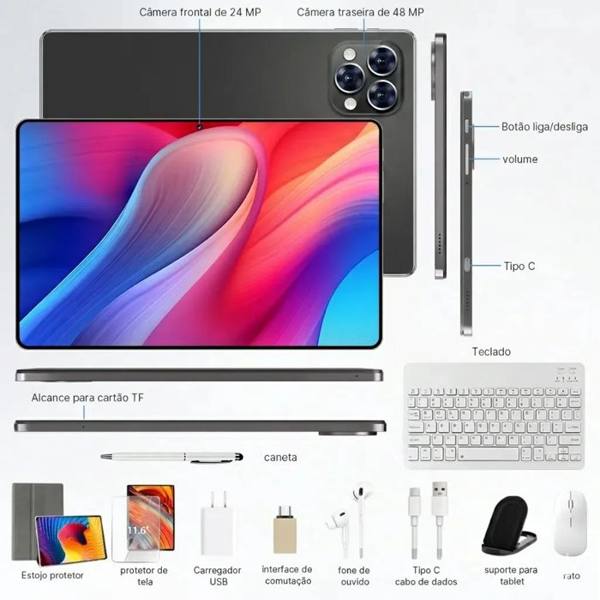 Tablet Android 12GB RAM 512GB Memória Tela Grande 11.6 Bateria 8800mAh Wi-fi 5G Jogos Pesados Completo Com Teclado Mouse Cinza — foto do produto em fundo branco